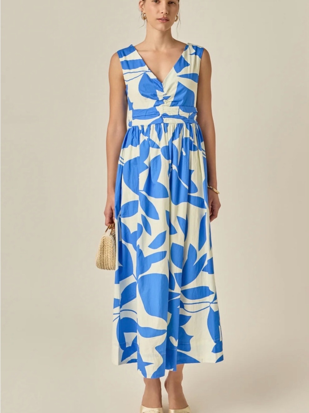 English Factory puff sleeve ruched midi dress Blue NWT
